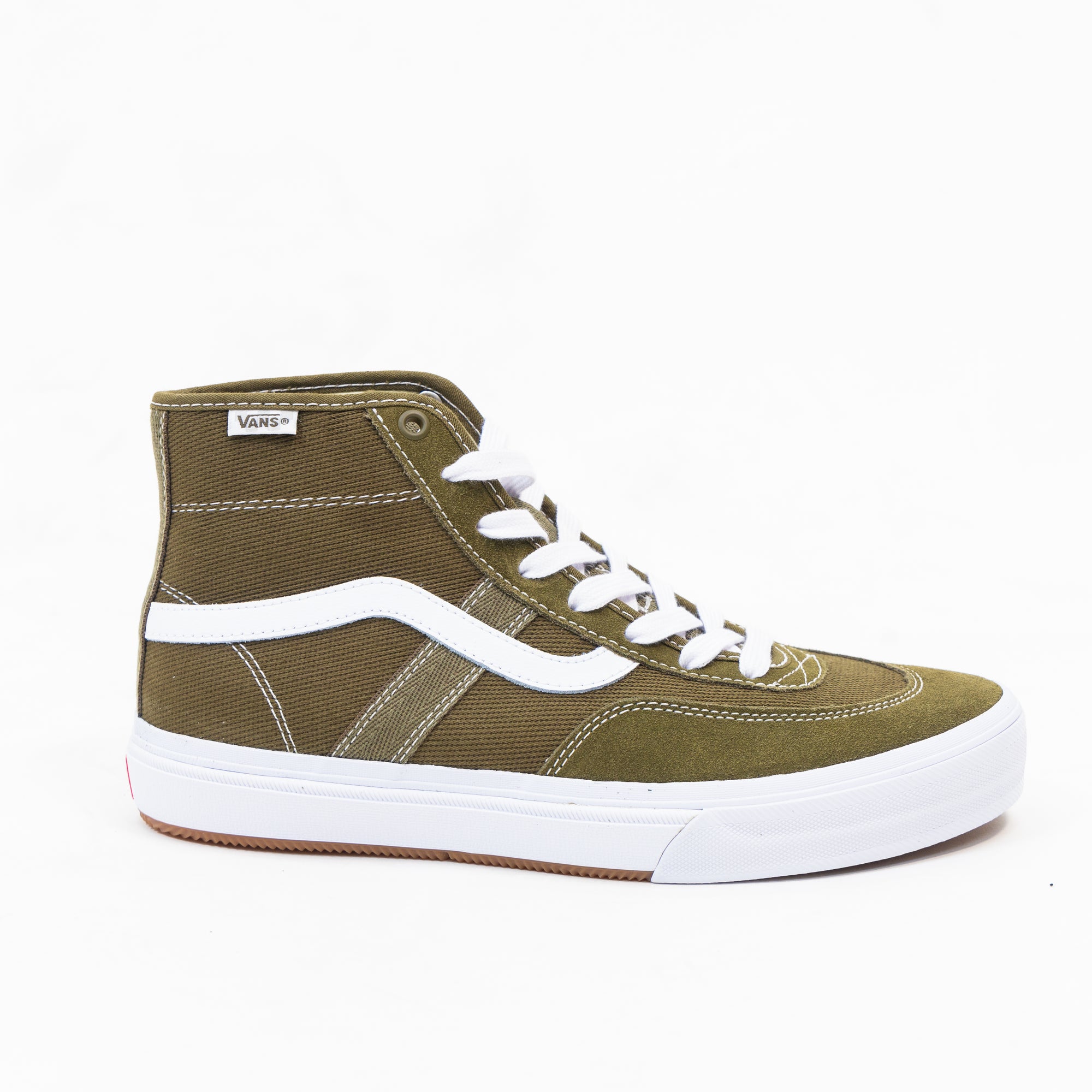 green vans men's high top skate shoe with white sidestripe and white sole
