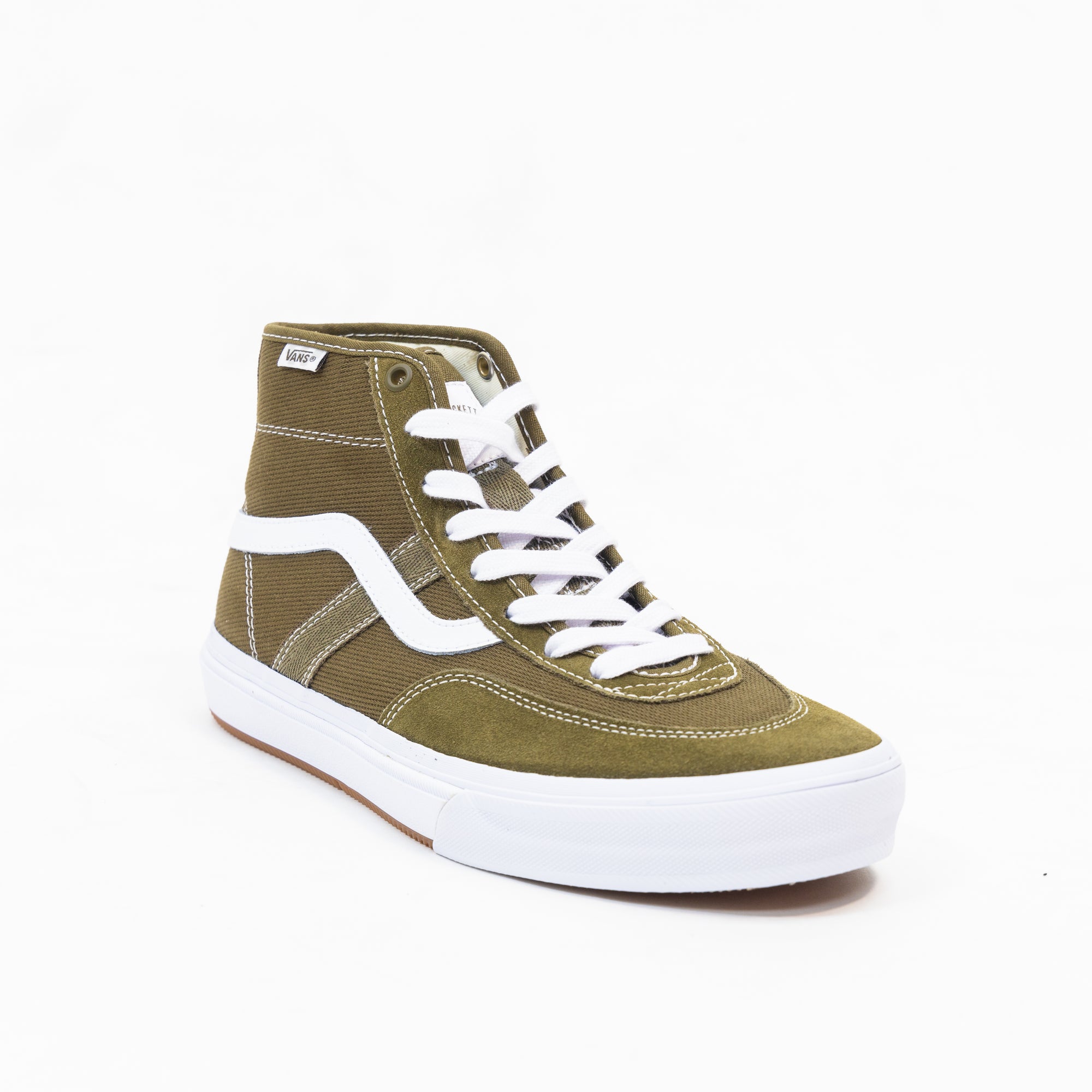 green vans men's high top skate shoe with white sidestripe and white sole