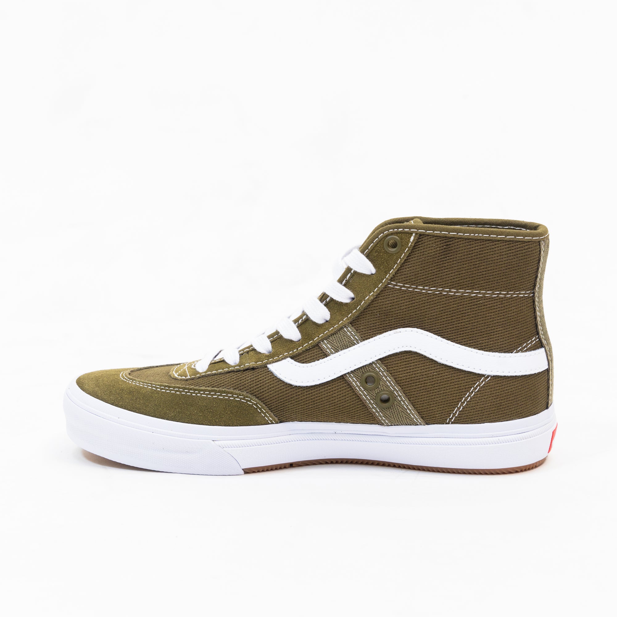 green vans men's high top skate shoe with white sidestripe and white sole