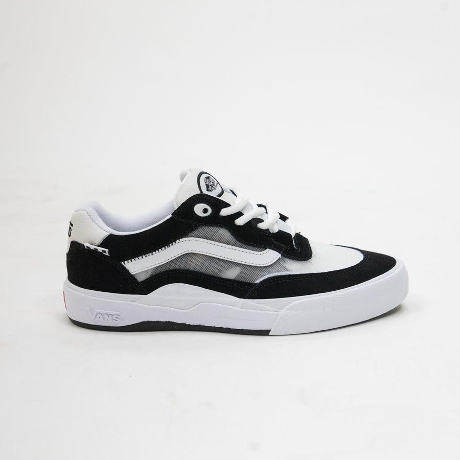 black and white vans wayvee men's skate shoe with white sidestripe and white sole