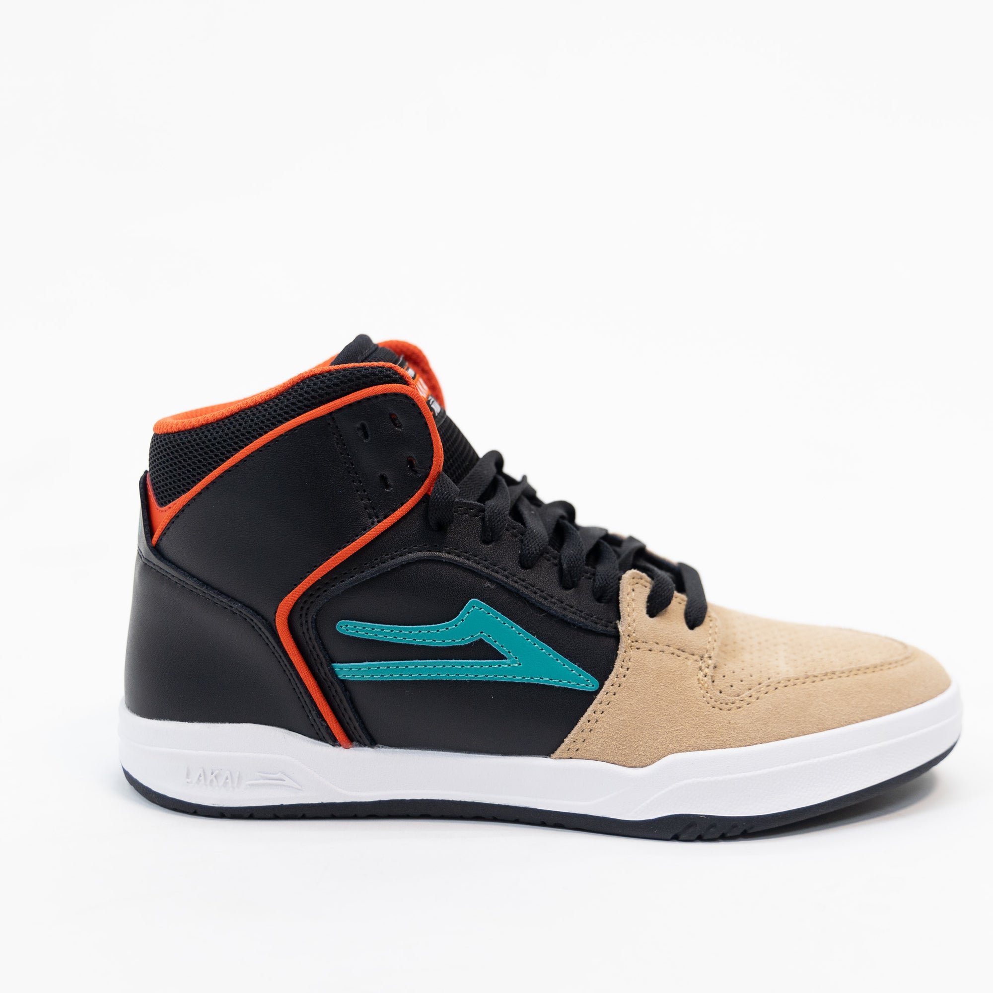 tan suede and black leather lakai men's skate shoe with blue logo and red detail