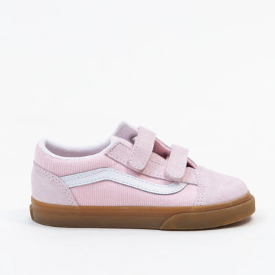 pink suede toddler vans old skool with pink corduroy side panel white sidestripe and gum sole