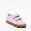 pink suede toddler vans old skool with pink corduroy side panel white sidestripe and gum sole