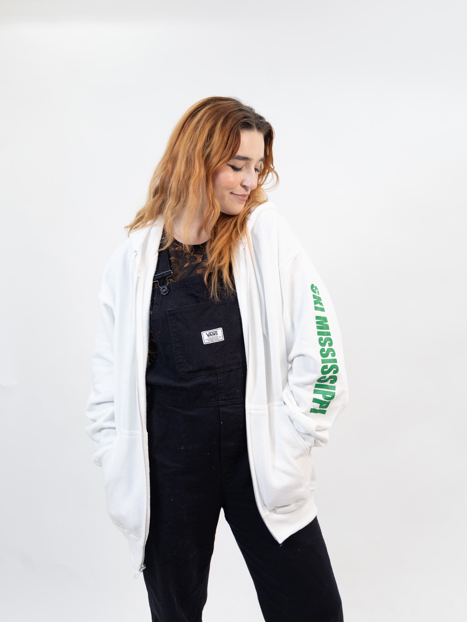 zip-up hooded sweatshirt featuring the ski mississippi logo in green brown and orange