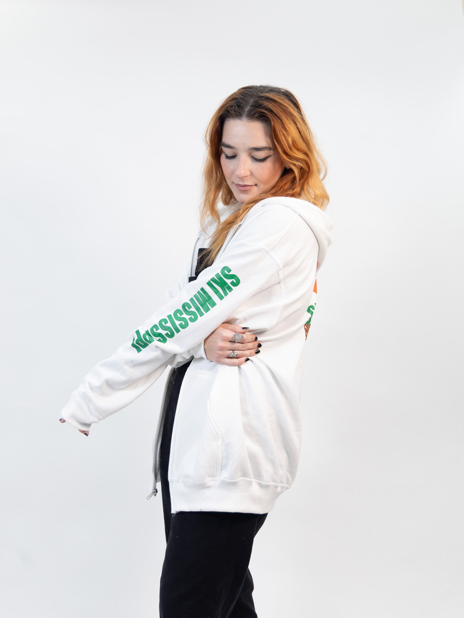 zip-up hooded sweatshirt featuring the ski mississippi logo in green brown and orange