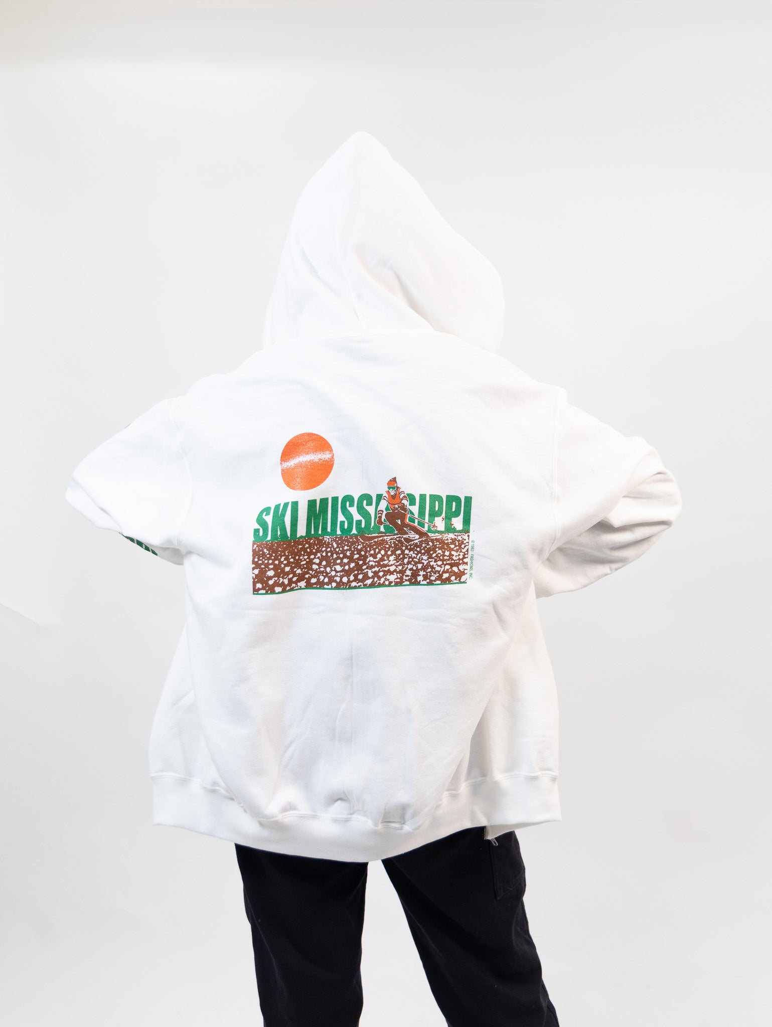 zip-up hooded sweatshirt featuring the ski mississippi logo in green brown and orange