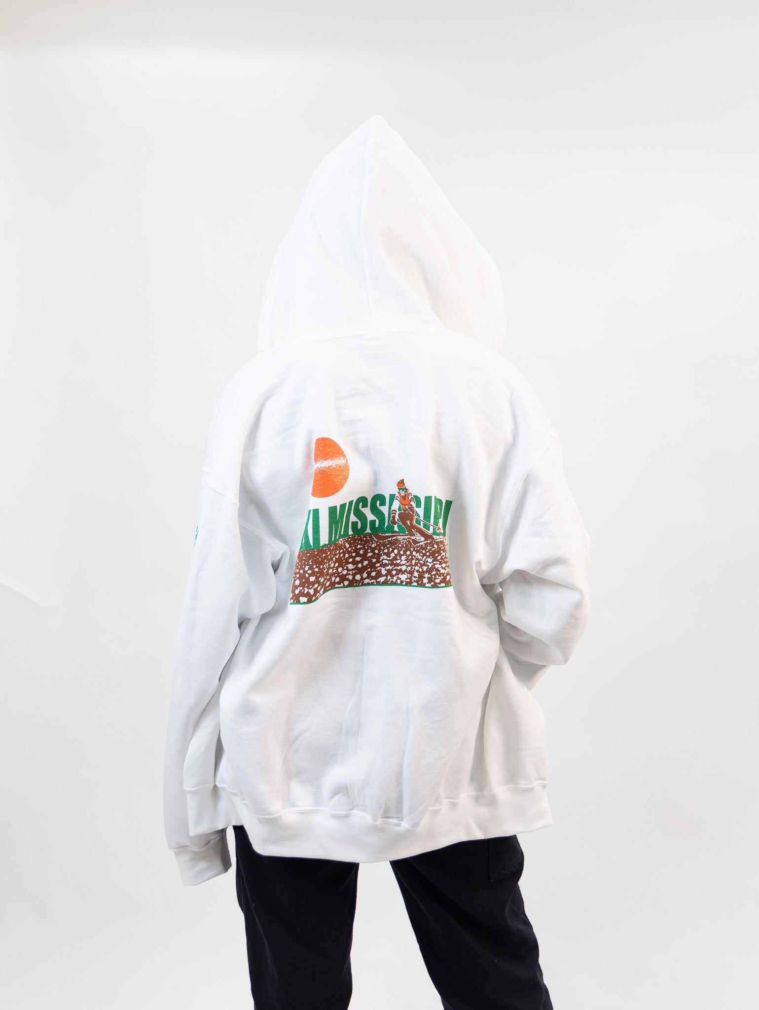 zip-up hooded sweatshirt featuring the ski mississippi logo in green brown and orange