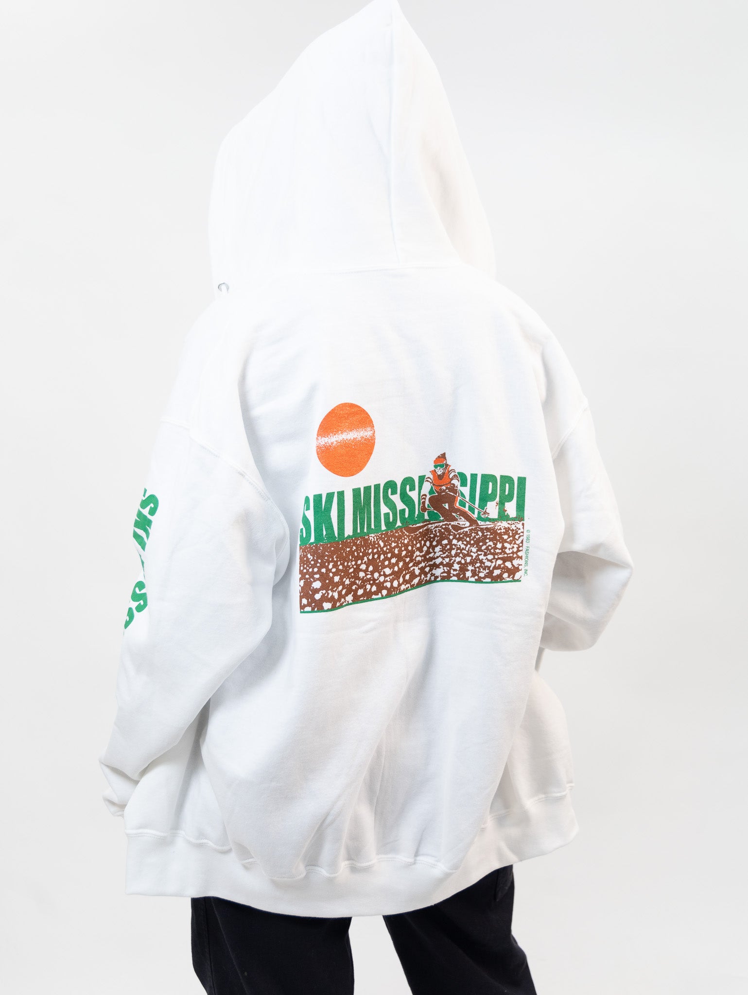zip-up hooded sweatshirt featuring the ski mississippi logo in green brown and orange