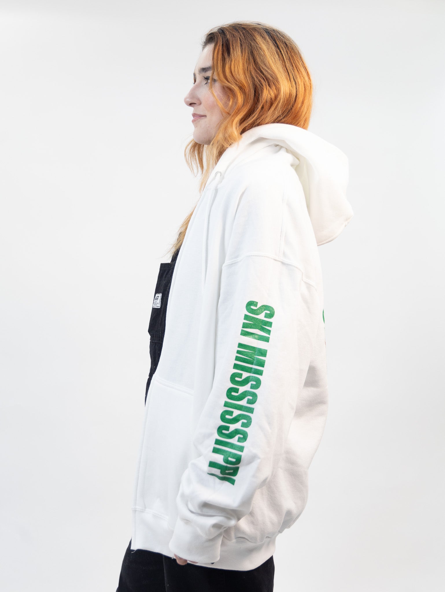 zip-up hooded sweatshirt featuring the ski mississippi logo in green brown and orange