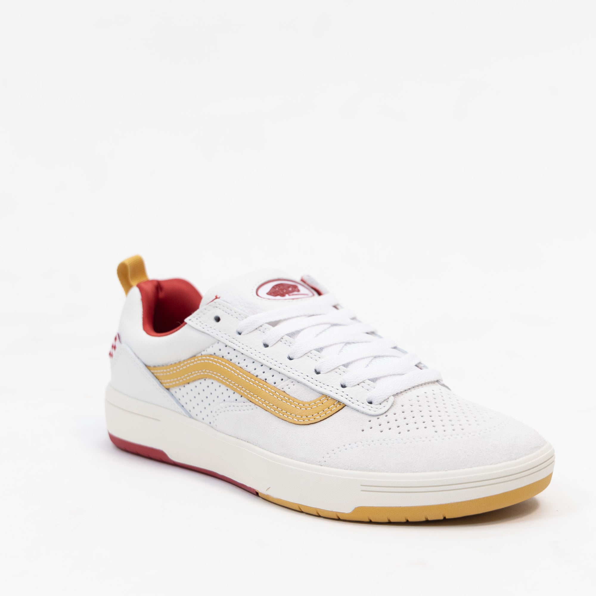 white vans men's zahba with brown sidestripe and white sole and red detail
