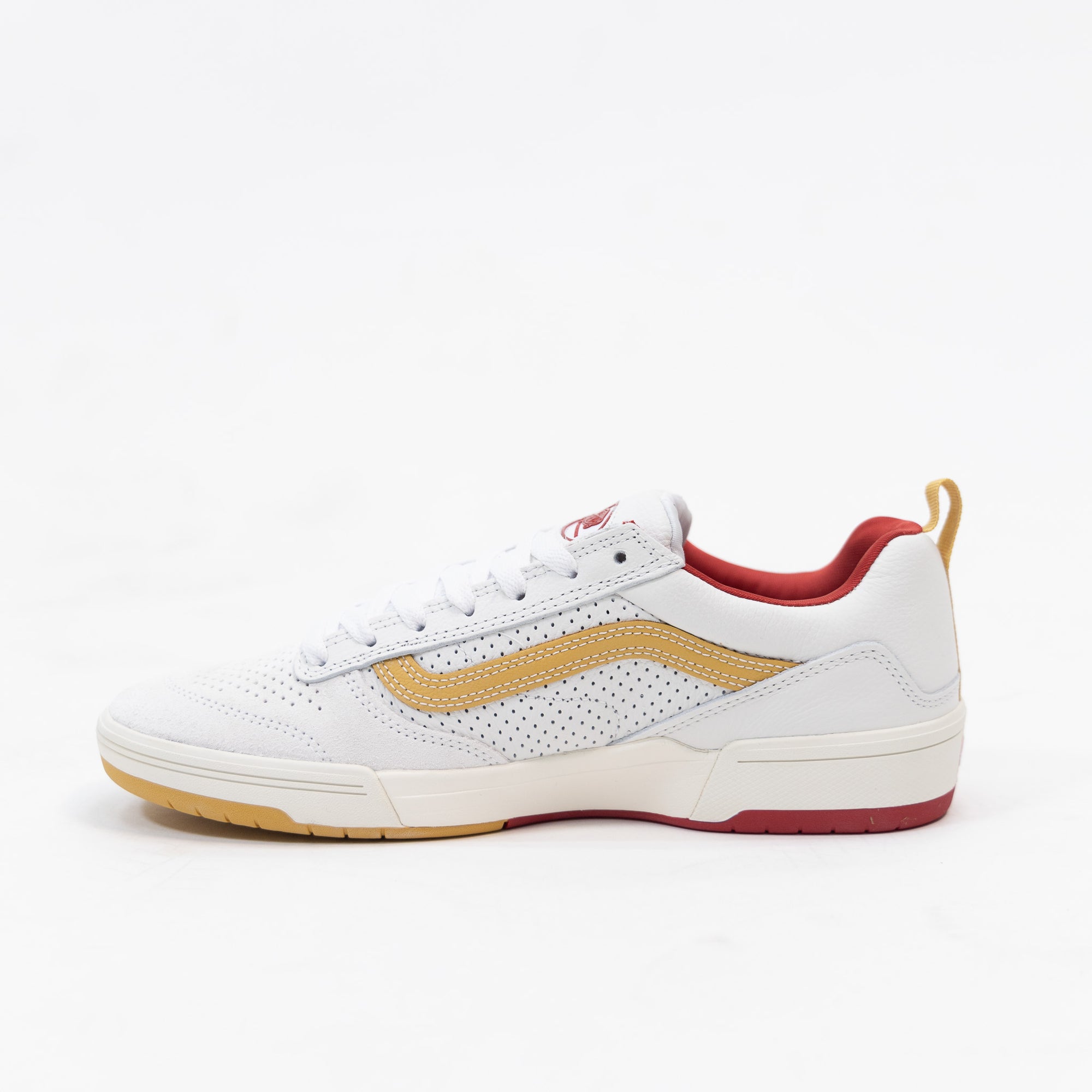 white vans men's zahba with brown sidestripe and white sole and red detail