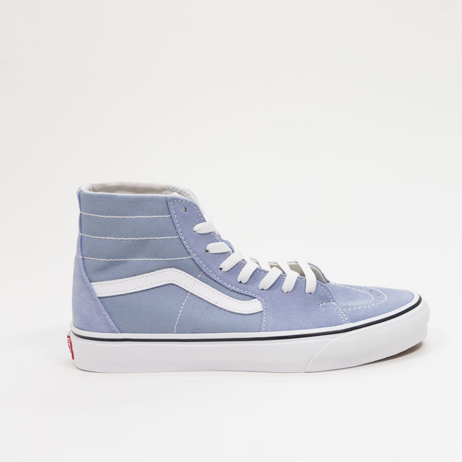 blue vans women's sk8-hi shoe with white sidestripe and white sole