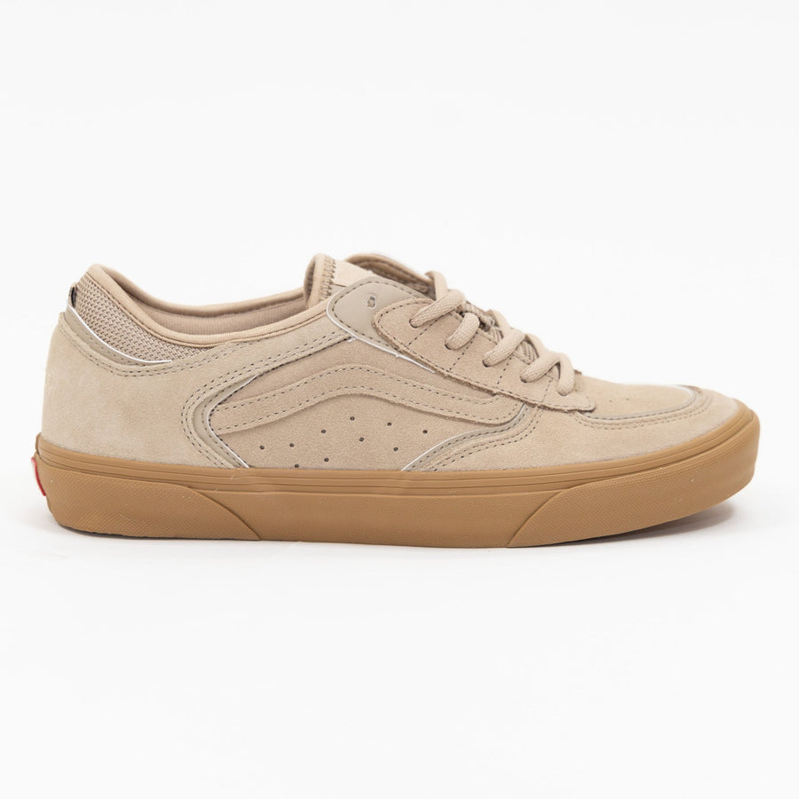 brown vans men's rowley skate shoe with brown sidestripe and gum sole