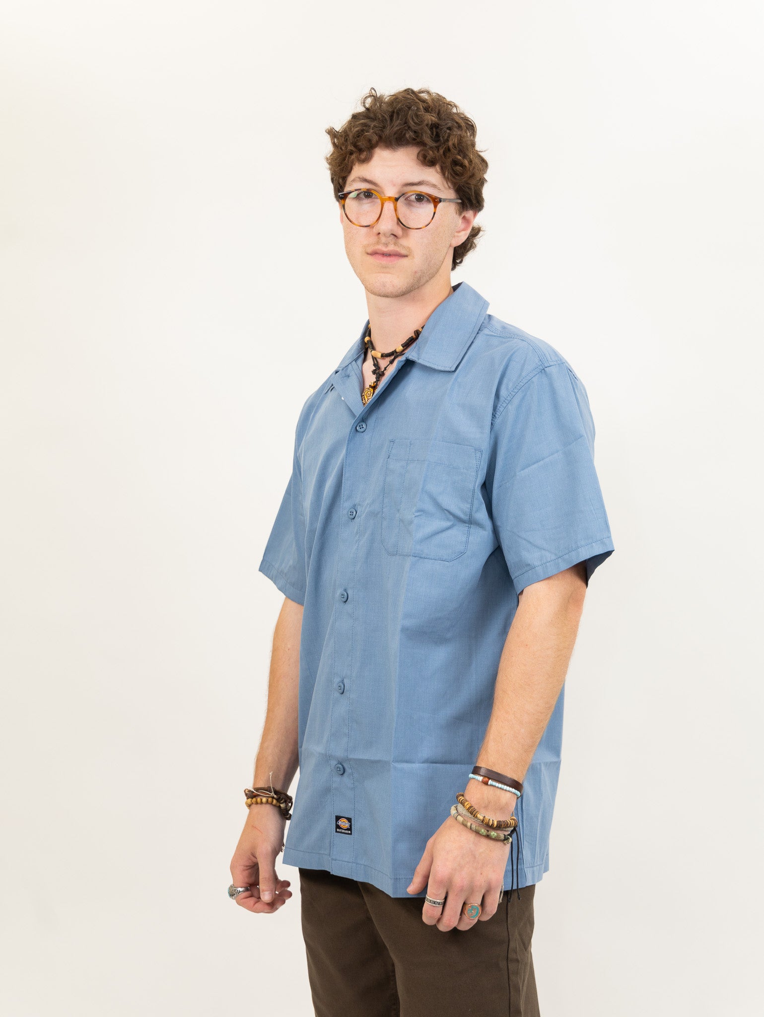 blue chambray dickies button-up men's shirt