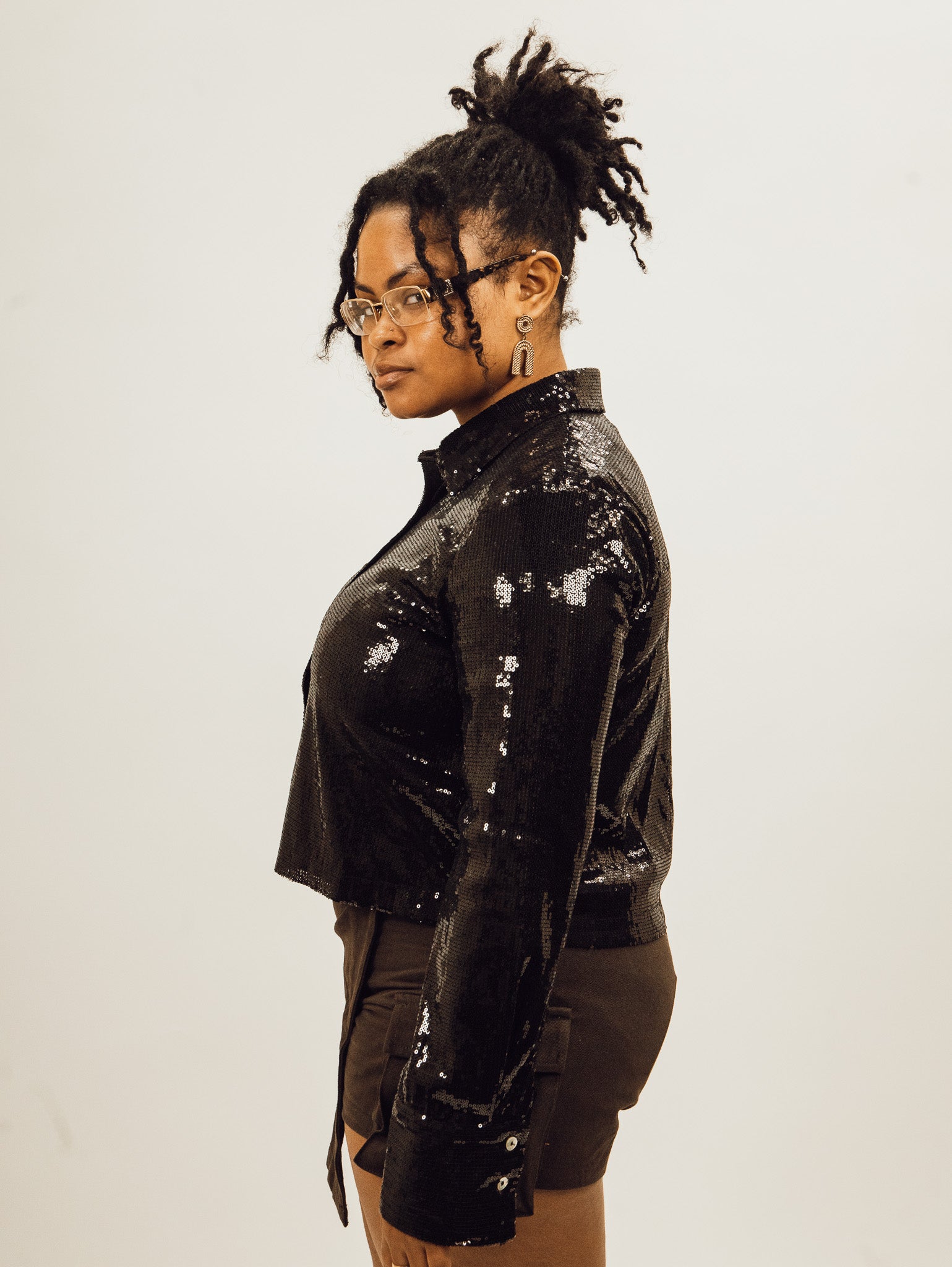 nia women's black sequined boxy satin button down with cuffed sleeves