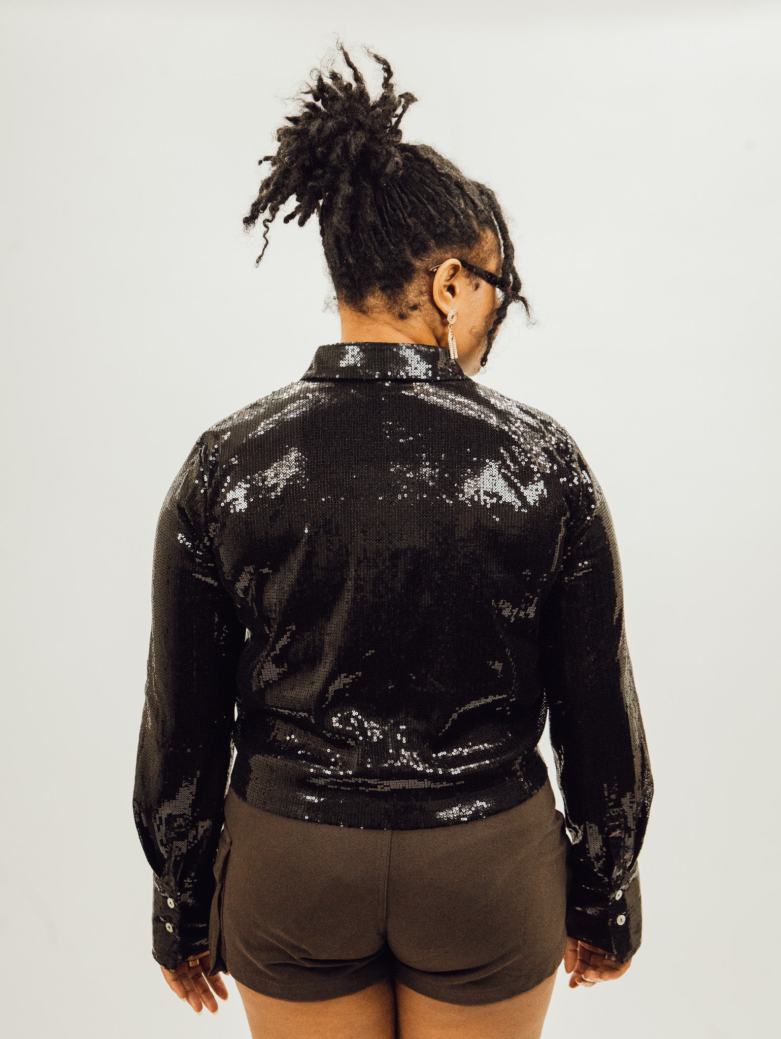 nia women's black sequined boxy satin button down with cuffed sleeves