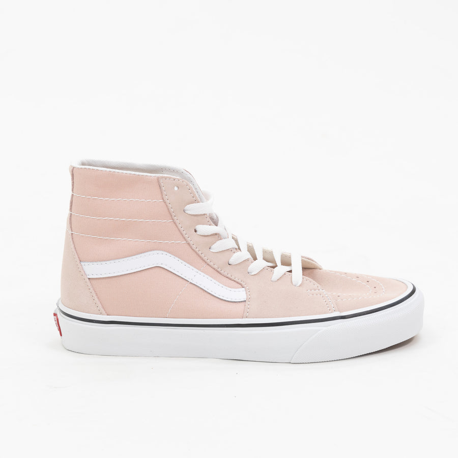 pink vans women's sk8-hi with white sidestripe and white sole