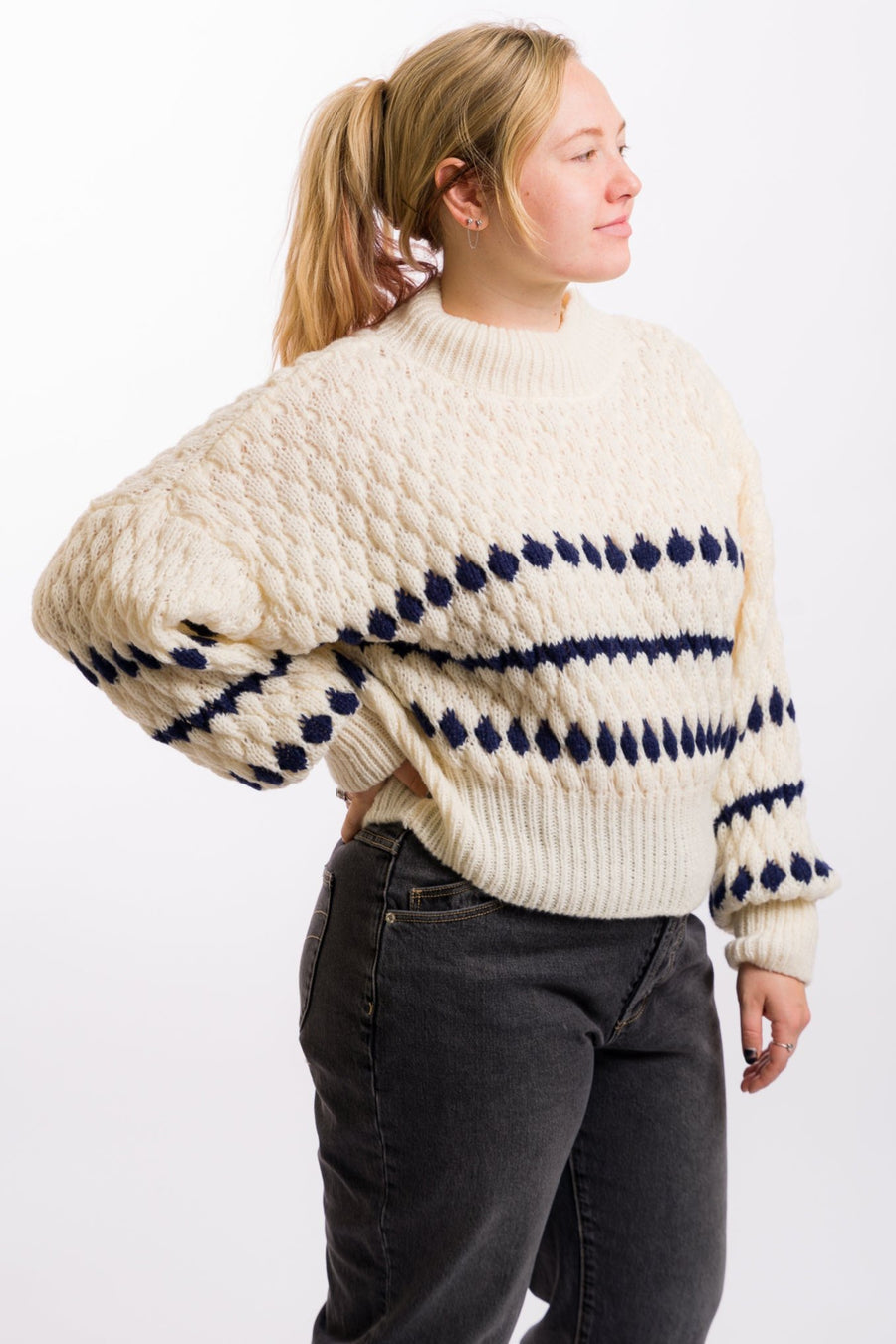 cream colored miou muse women's sweater with navy blue details