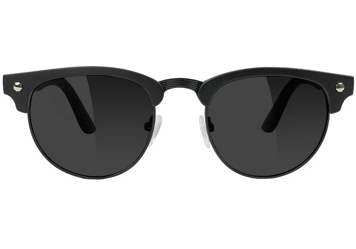 Black glassy morrison premium sunglasses with matte black frames on a white background