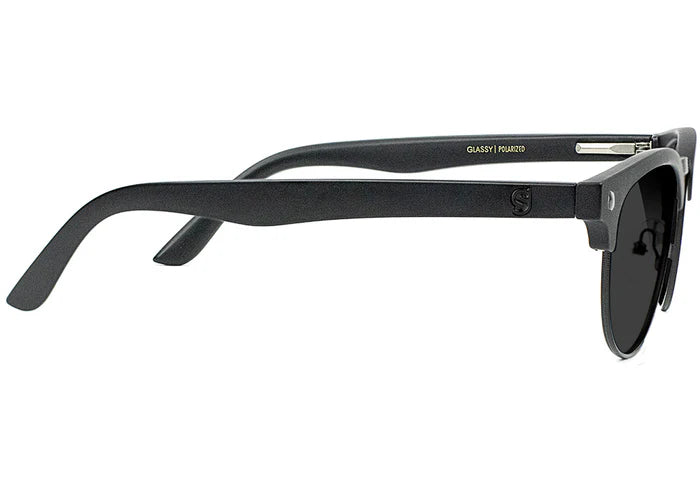 Black glassy morrison premium sunglasses with matte black frames on a white background