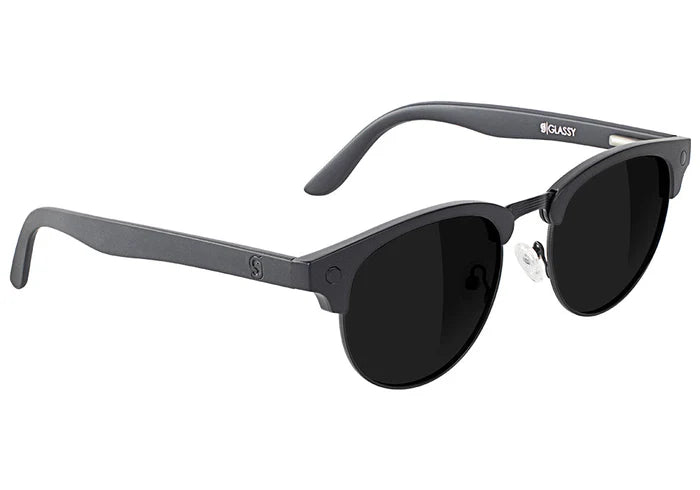 Black glassy morrison premium sunglasses with matte black frames on a white background