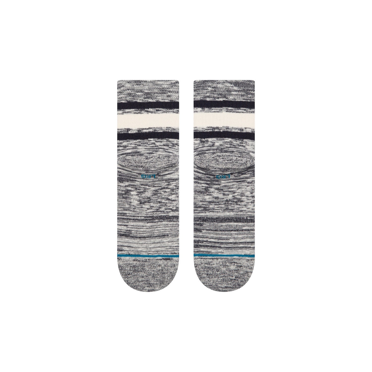 Pair of gray marbled stance socks with white and blue accents on a white background