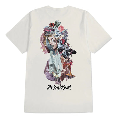 cream colored tee shirt from primitive skateboards with a multi-colored image on the back and primitive in black