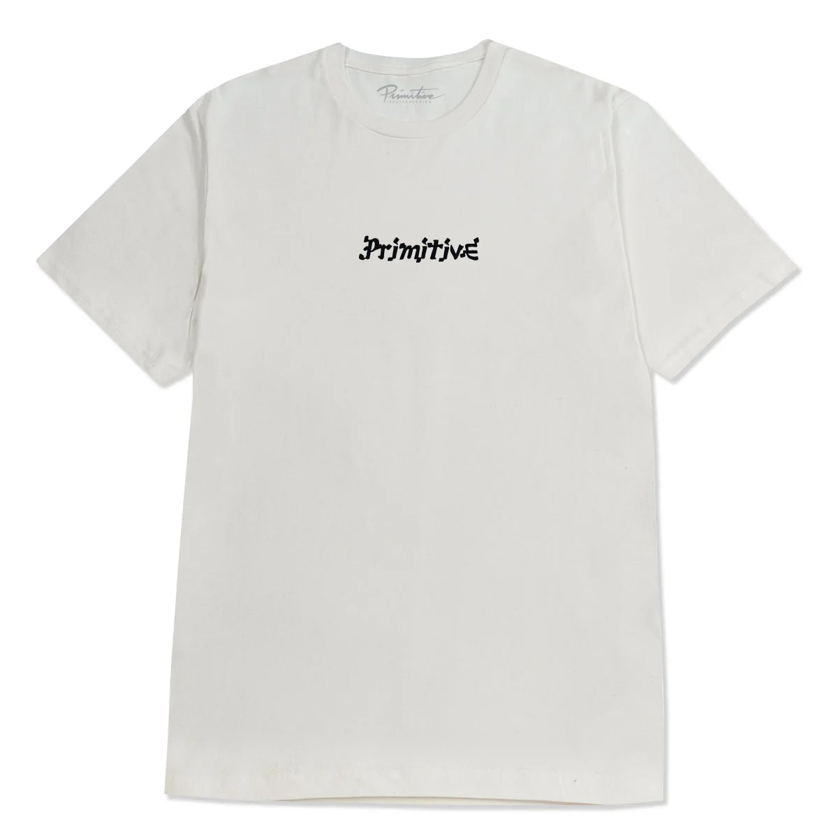 cream colored tee shirt from primitive skateboards with a multi-colored image on the back and primitive in black