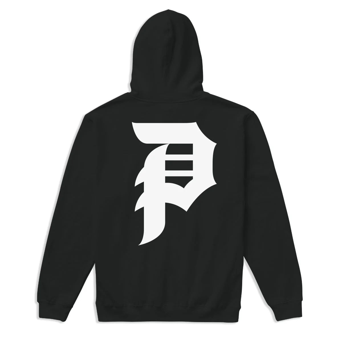 Black hoodie with a large white logo on the back against a white background
