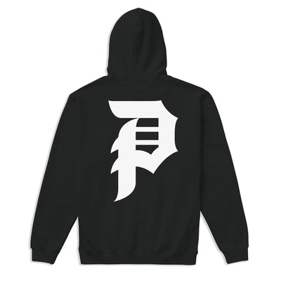 Black hoodie with a large white logo on the back against a white background
