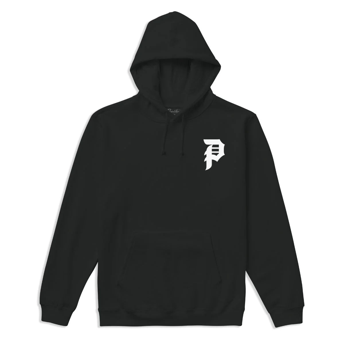 Black hoodie with a white logo on a white background