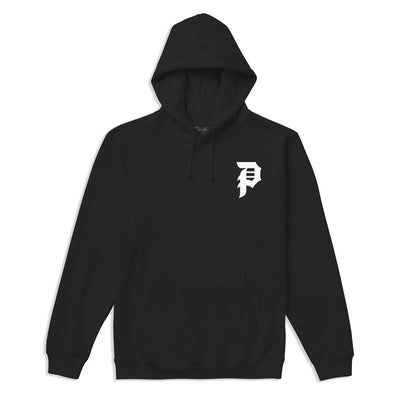 Black hoodie with a white logo on a white background