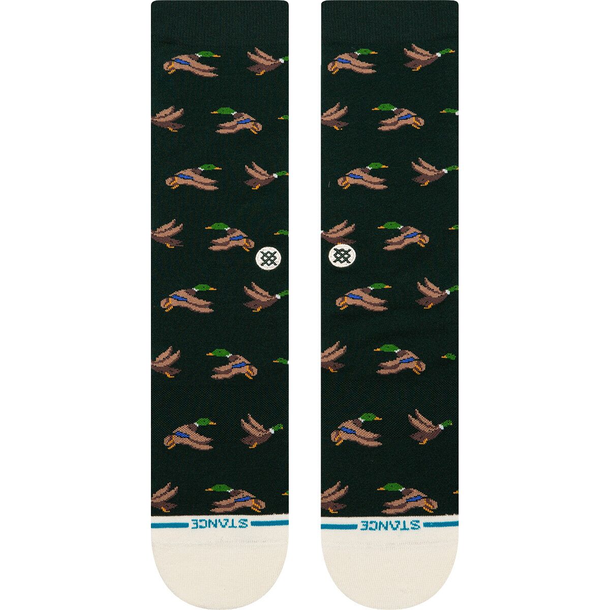 Dark green stance huntin socks with duck pattern on a white background