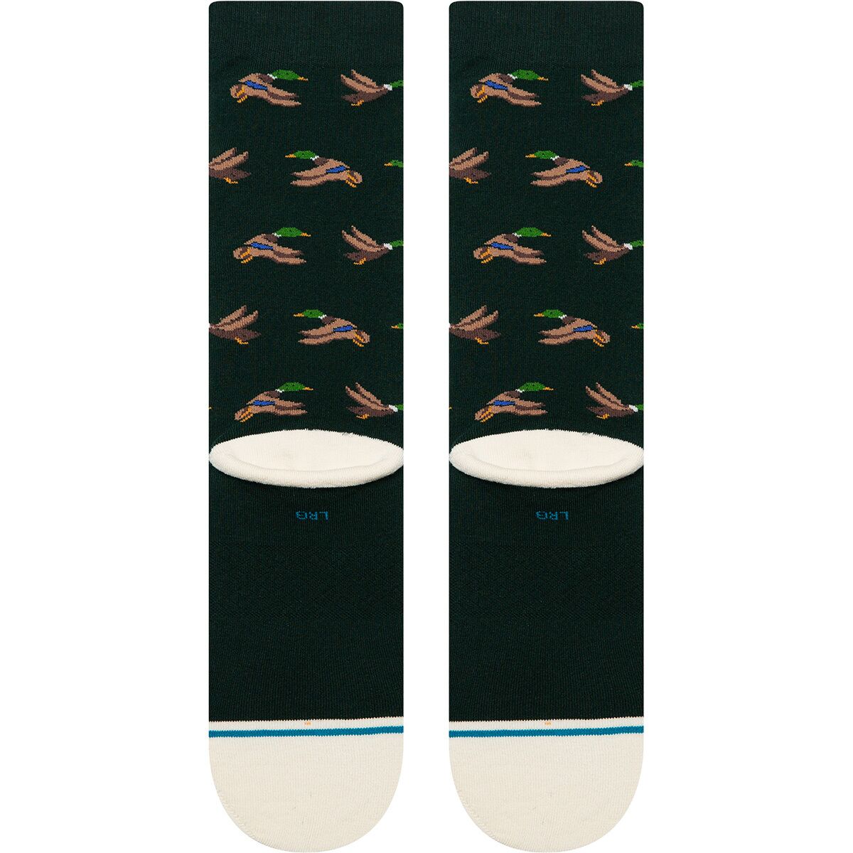 Dark green stance huntin socks with duck pattern on a white background