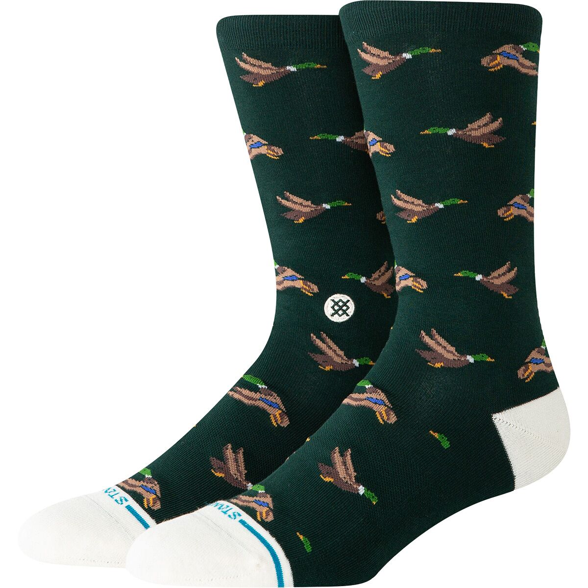 Dark green stance huntin socks with duck pattern on a white background