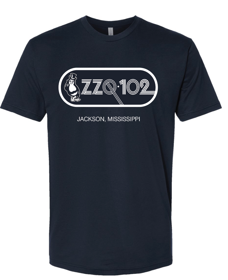 Black t-shirt with wzzq102 with a penguin design in white text on a white background