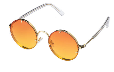 gold circular spitfire sunglasses with orange and yellow lenses