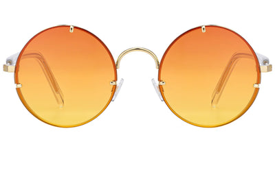 gold circular spitfire sunglasses with orange and yellow lenses