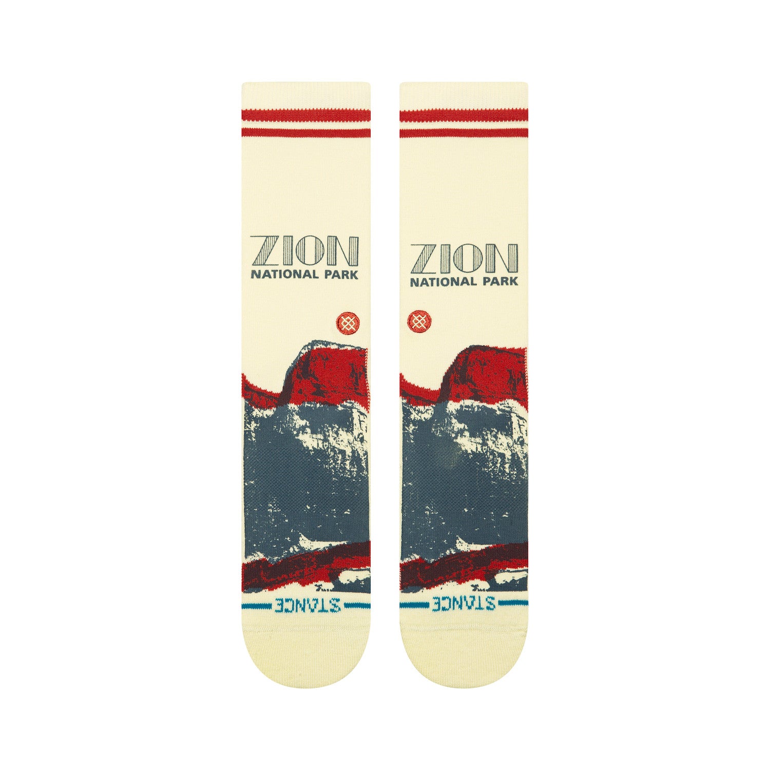Pair of stance crew socks with red and blue zion national park design on a white background
