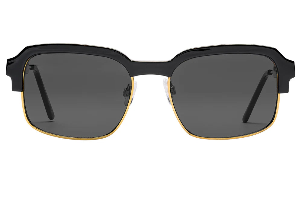 spitfire rethink sunglasses with black frame and black lenses with gold trim