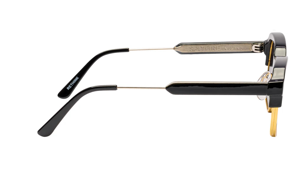 spitfire rethink sunglasses with black frame and black lenses with gold trim