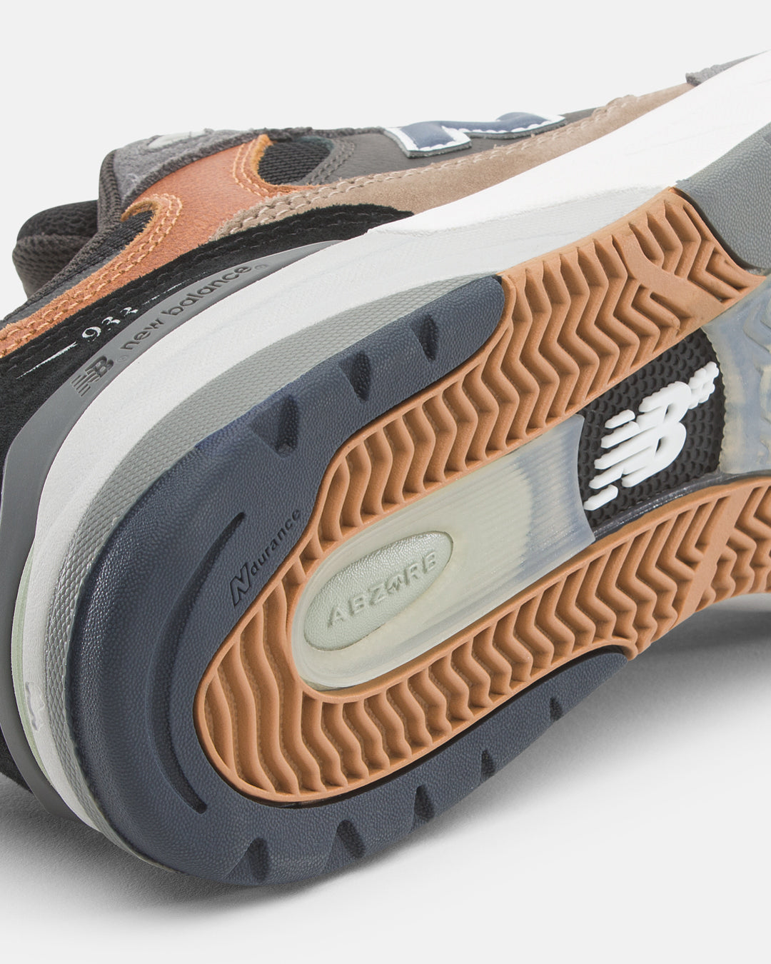 grey, black and brown new balance numeric 933 andrew reynolds men's skateboard shoe with white and grey sole