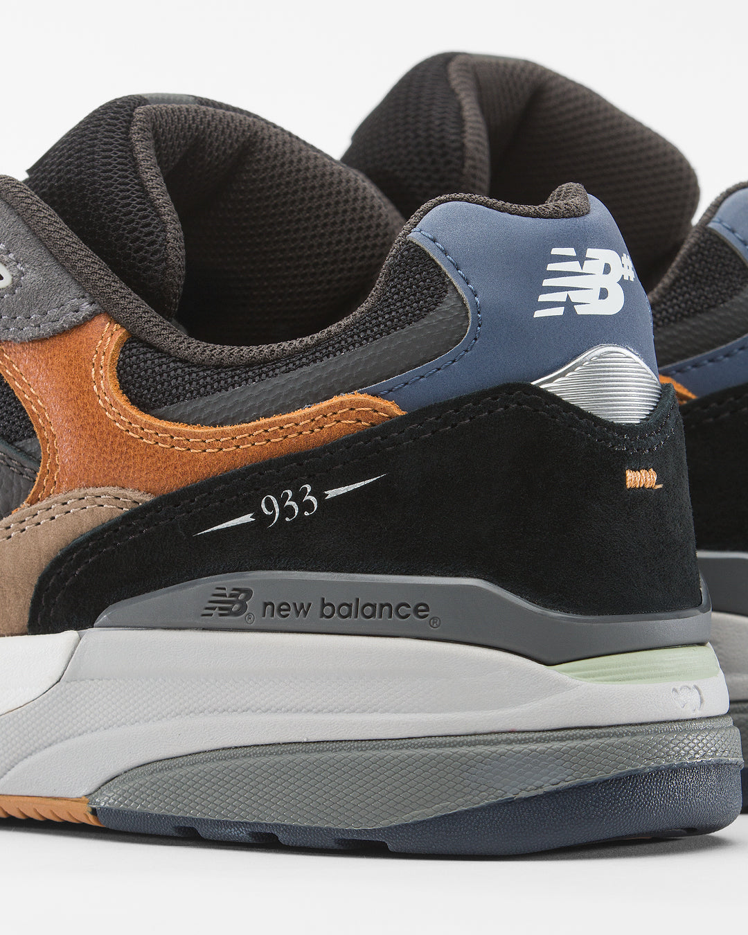 grey, black and brown new balance numeric 933 andrew reynolds men's skateboard shoe with white and grey sole