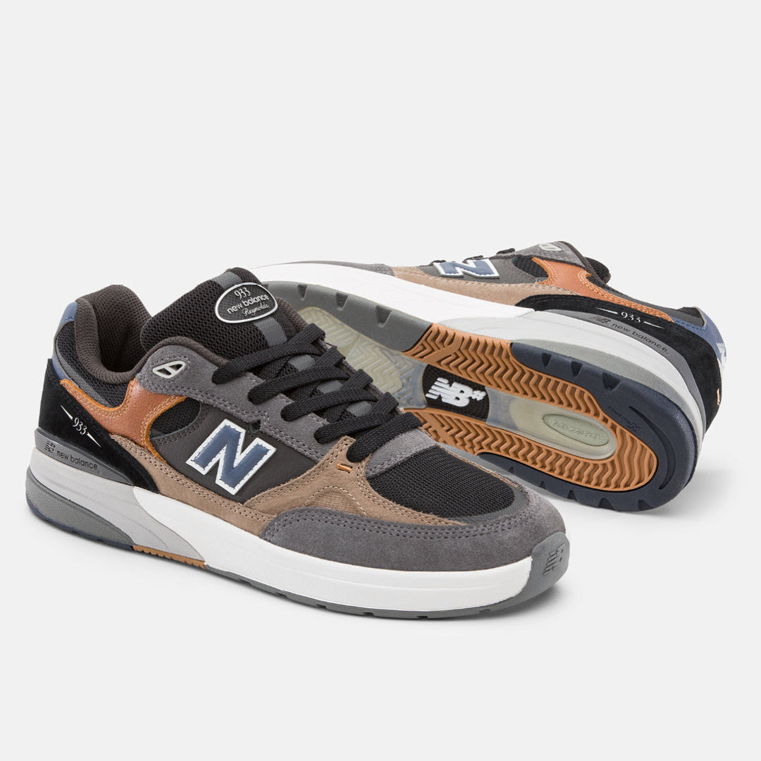 grey, black and brown new balance numeric 933 andrew reynolds men's skateboard shoe with white and grey sole