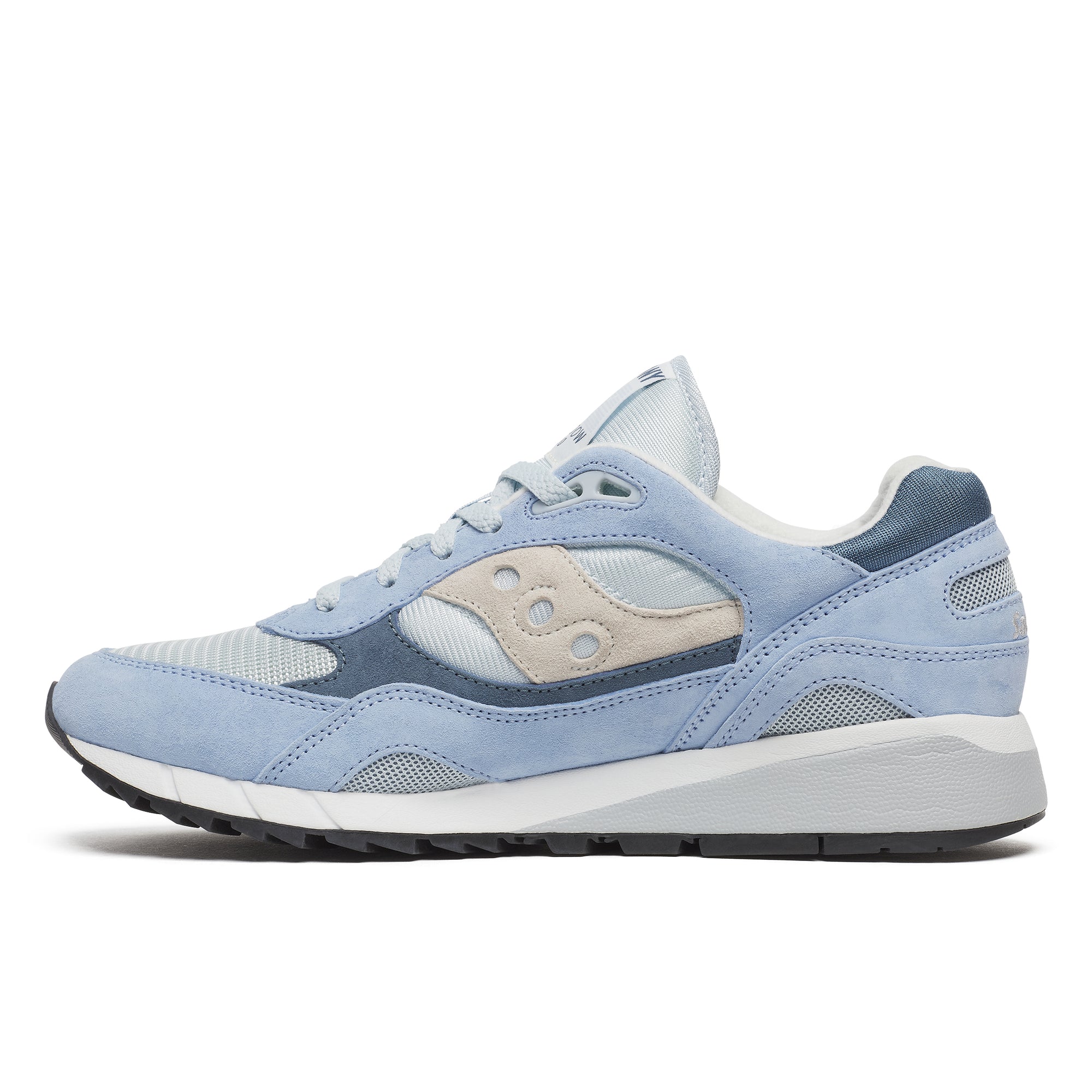 Blue saucony shadow 6000 plein air sneaker with white accents on a white background