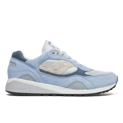 Blue saucony shadow 6000 plein air sneaker with white accents on a white background