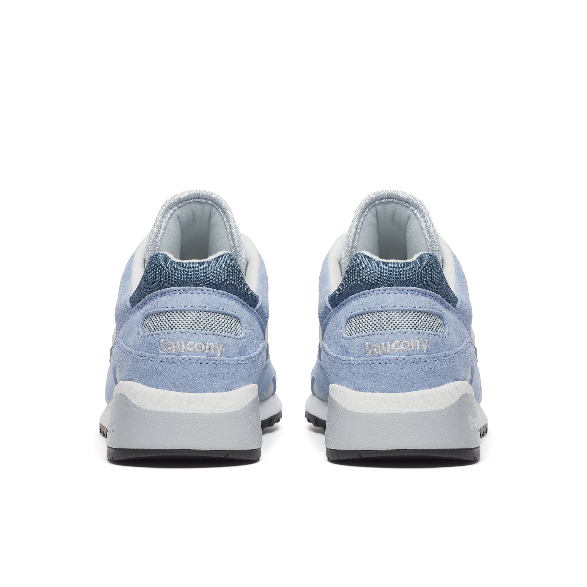 pair of Blue saucony shadow 6000 plein air sneaker from the back with white accents on a white background