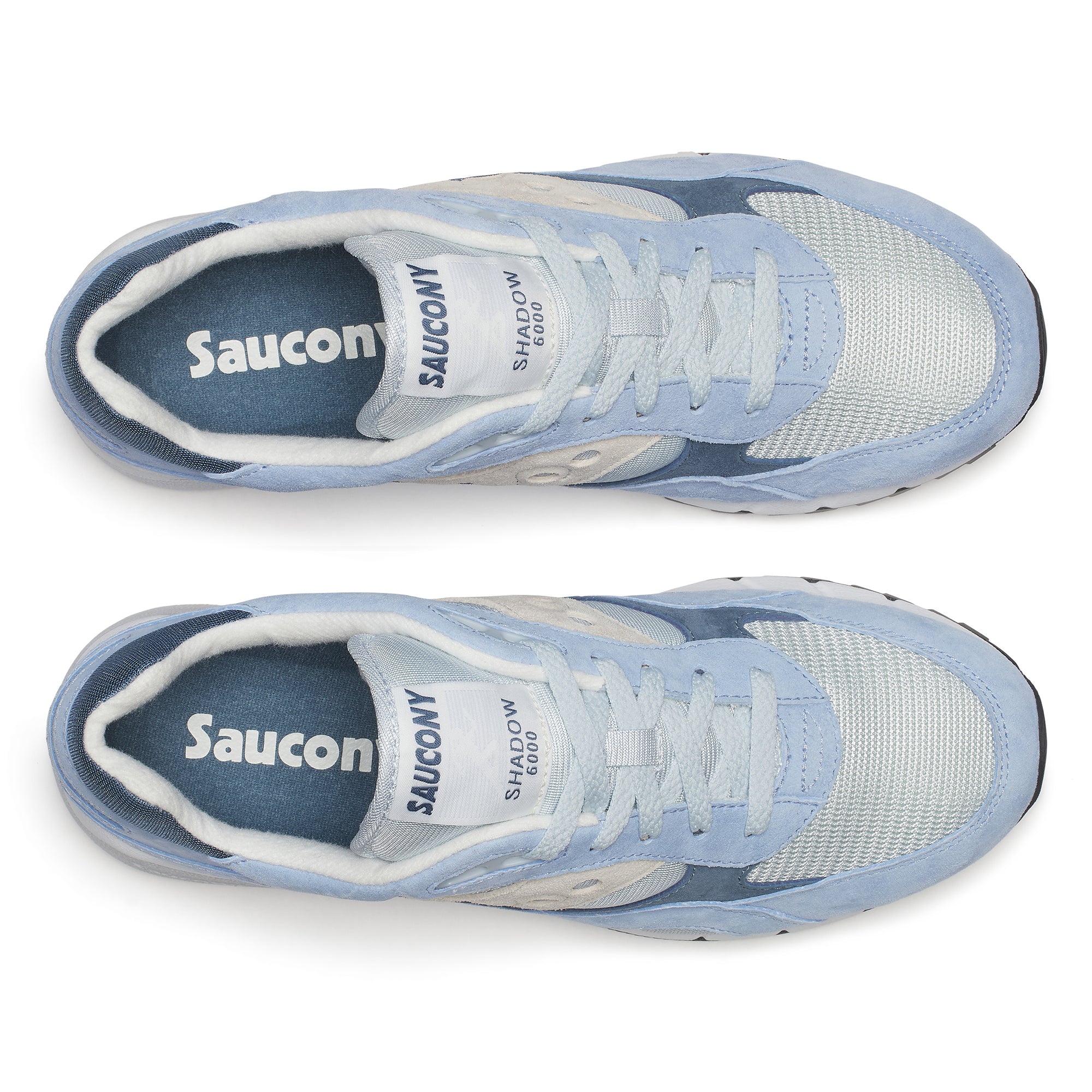 pair of Blue saucony shadow 6000 plein air sneaker from the top with white accents on a white background
