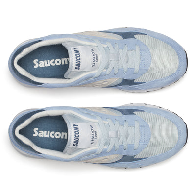 pair of Blue saucony shadow 6000 plein air sneaker from the top with white accents on a white background
