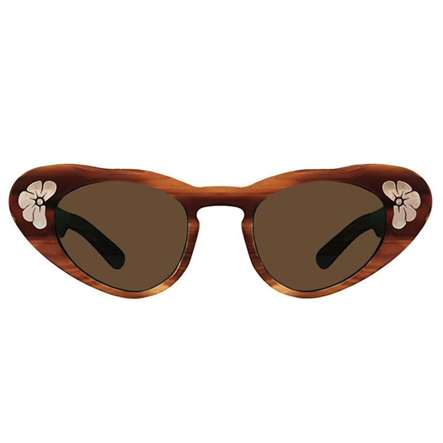 brown tortoise shell spitfire sunglasses for women with dark lenses and flower detail